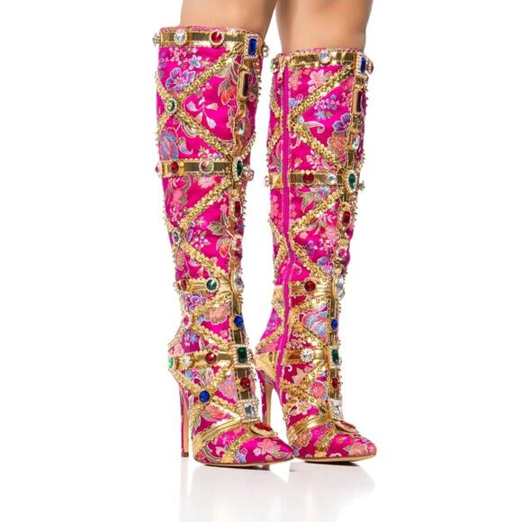 AZALEA WANG Caged Confidence Satin Pink Embellished Knee Boot NWB Sz 11 - Picture 1 of 7